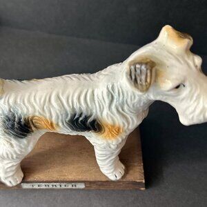 Vintage Terrier Dog Figurine Ceramic Wire Fox Terrier on Wood Base-HD002